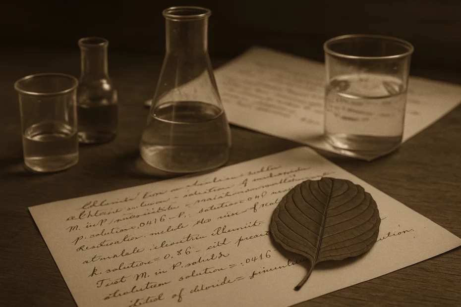Kratom's pioneers equipment such as vintage handwritten notes with a dried leaf and glassware for herbal research
