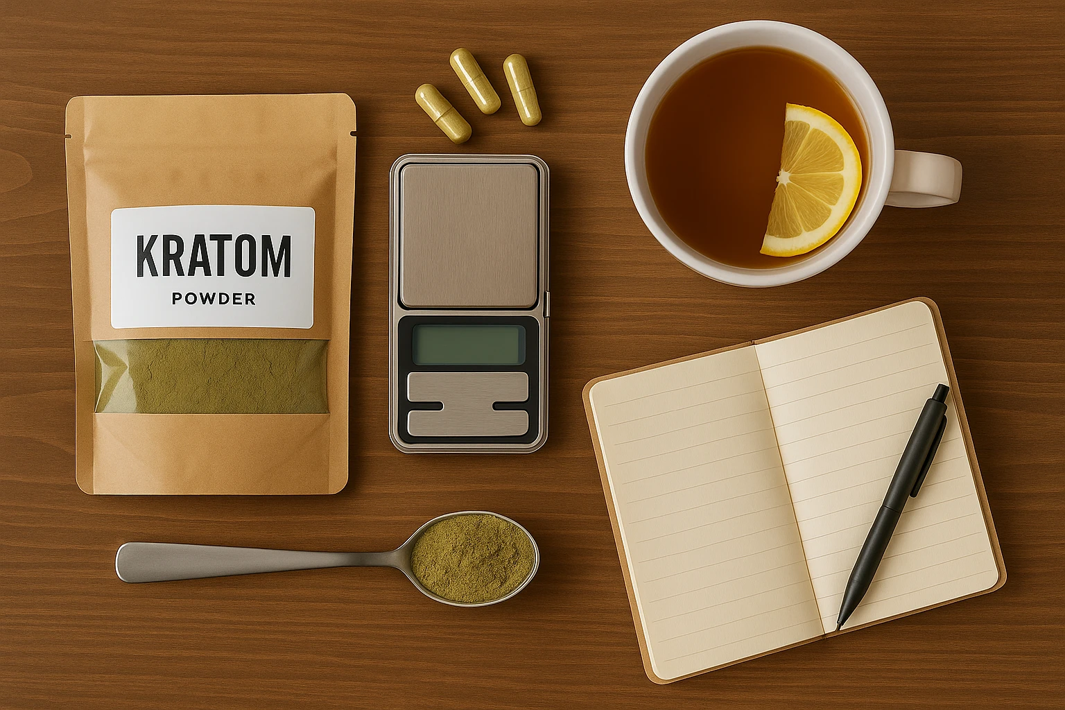 A kratom starter kit with a sealed bag of kratom, capsules, digital scale, and tea with lemon on a wooden desk with a notebook and pen.