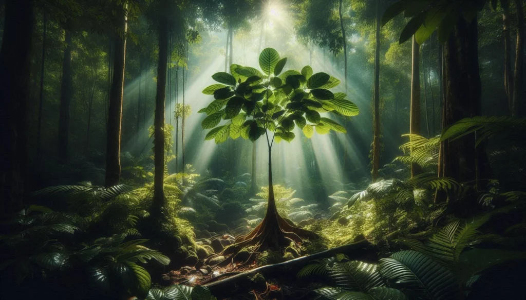 Sunlit kratom tree in dense forest with rays of light shining through