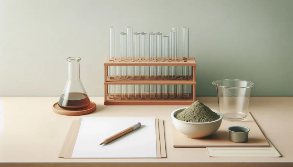 A mini lab setup with test tubes, flask, green powder, pencil, and paper on a desk.