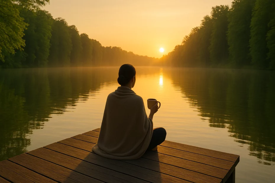 Person with blanket on wooden dock holding cup at lake during sunset, emphasizing kratom and solo retreats