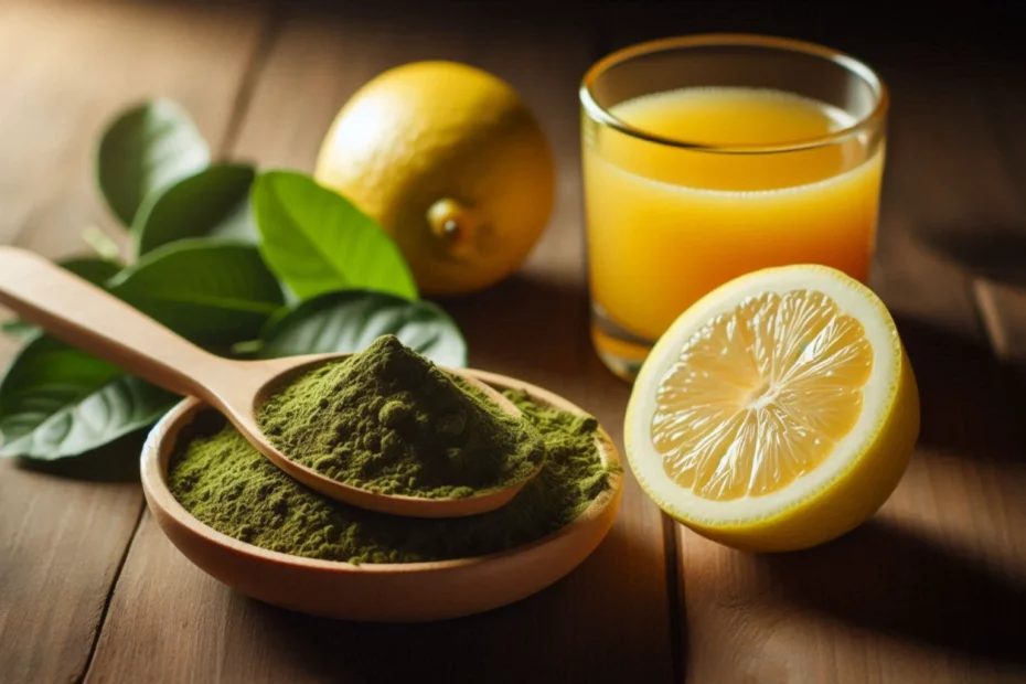 Wooden bowl of kratom powder with a spoon, lemon slices, and a glass of orange juice on a wooden table for kratom absorption.