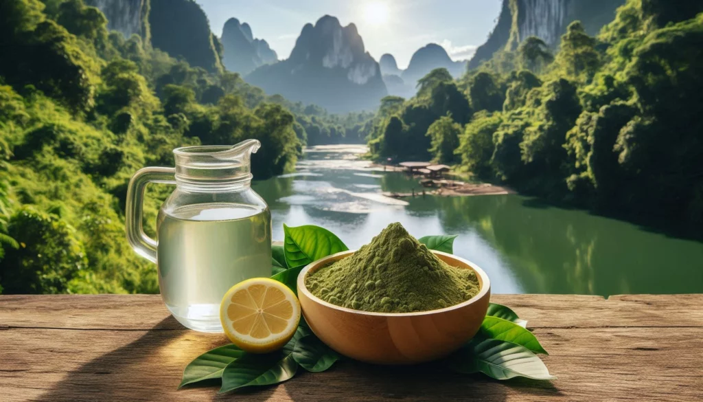 Glass pitcher of water, a sliced lemon and bowl of kratom powder on wooden surface with lush green landscape