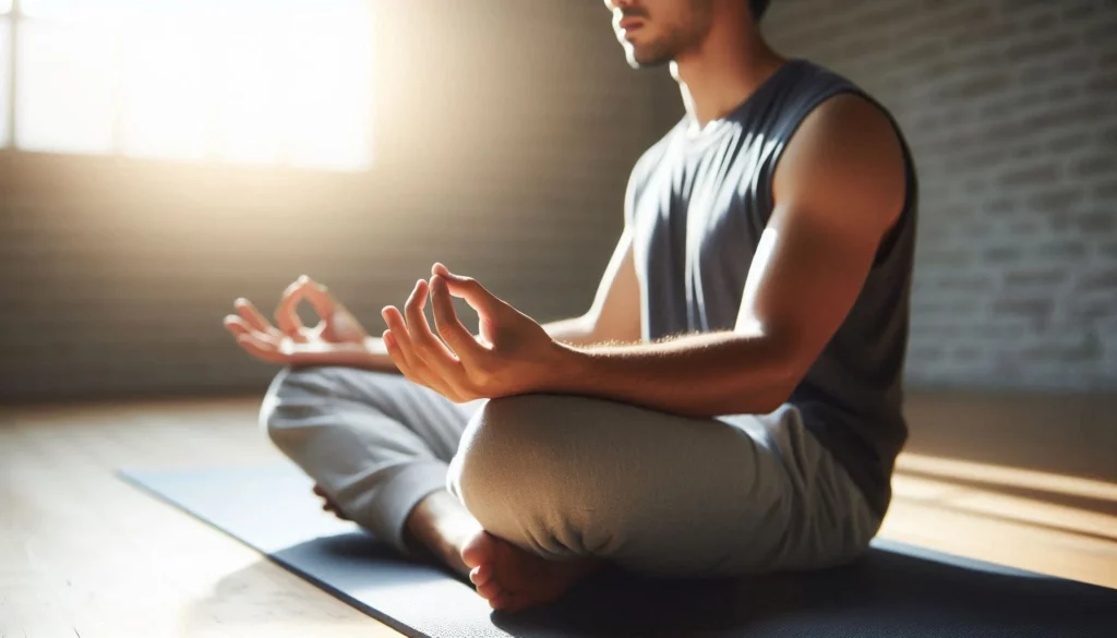 Man meditating on a yoga mat in a sunlit room