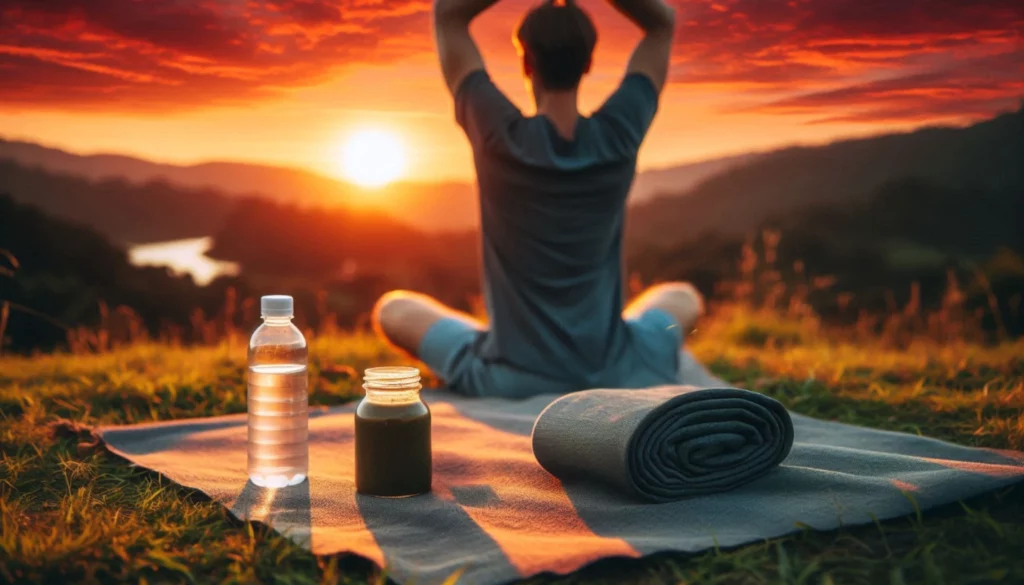 Person meditating on blanket with water bottle and jar at sunset on a hilltop
