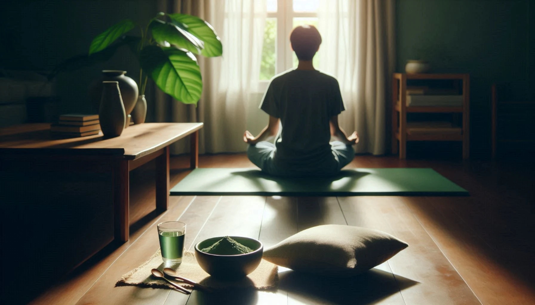 Kratom with guided breathwork with a person sitting in a sunlit room with a bowl of kratom powder, and a cushion nearby.