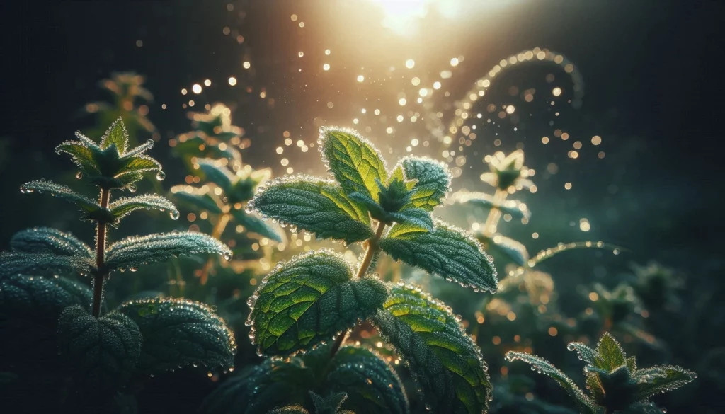 Fresh mint leaves with dewdrops under morning sunlight