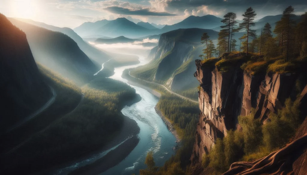 Misty river winding through mountain valley with cliff and trees at sunset.