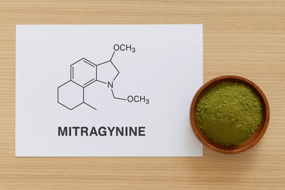 Mitragynine chemical structure diagram with bowl of green kratom powder on wooden surface
