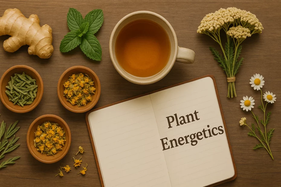 Plant medicine and energetics with herbal tea, ginger, mint, dried herbs, and a notebook on a table.