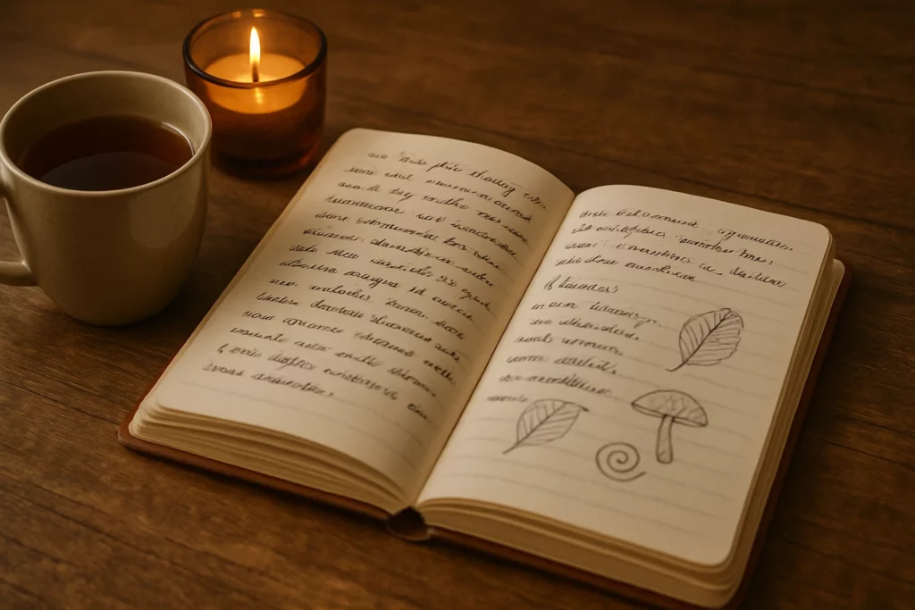 Open journal with tea and candle on a wooden table