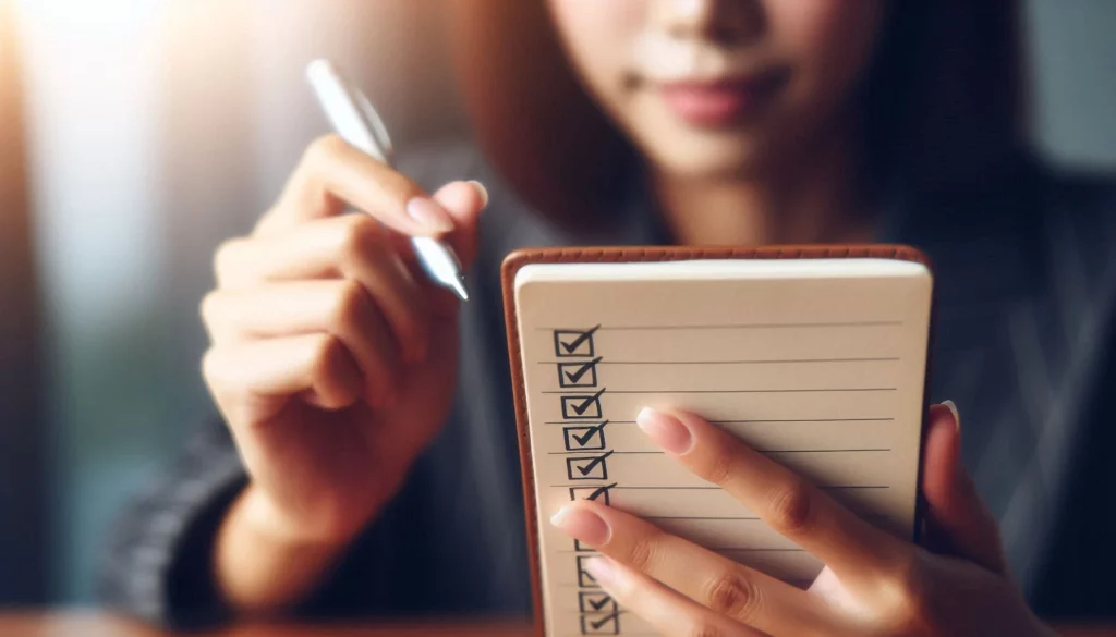 Person checking off tasks in a notebook with a pen