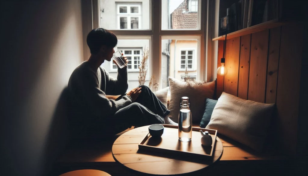 Person drinking water by a window with a cozy setup