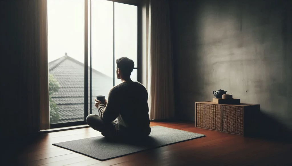 Person sitting cross-legged on a mat, looking out the window while holding a cup.