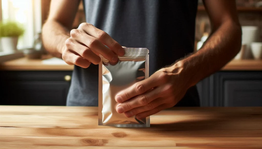 Person opening a foil packet on a wooden kitchen counter