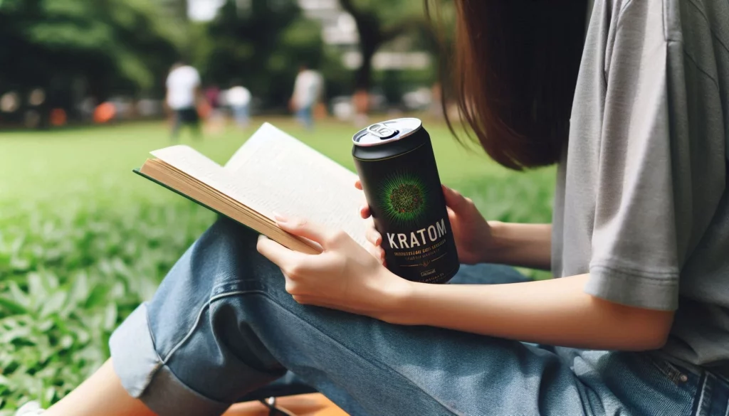 Person in jeans sitting on grass at a park while holding an open book and a can of kratom drink