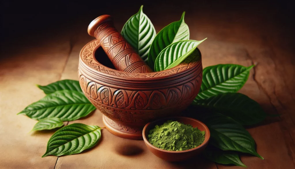 Mortar and pestle with kratom leaves and a bowl of kratom powder