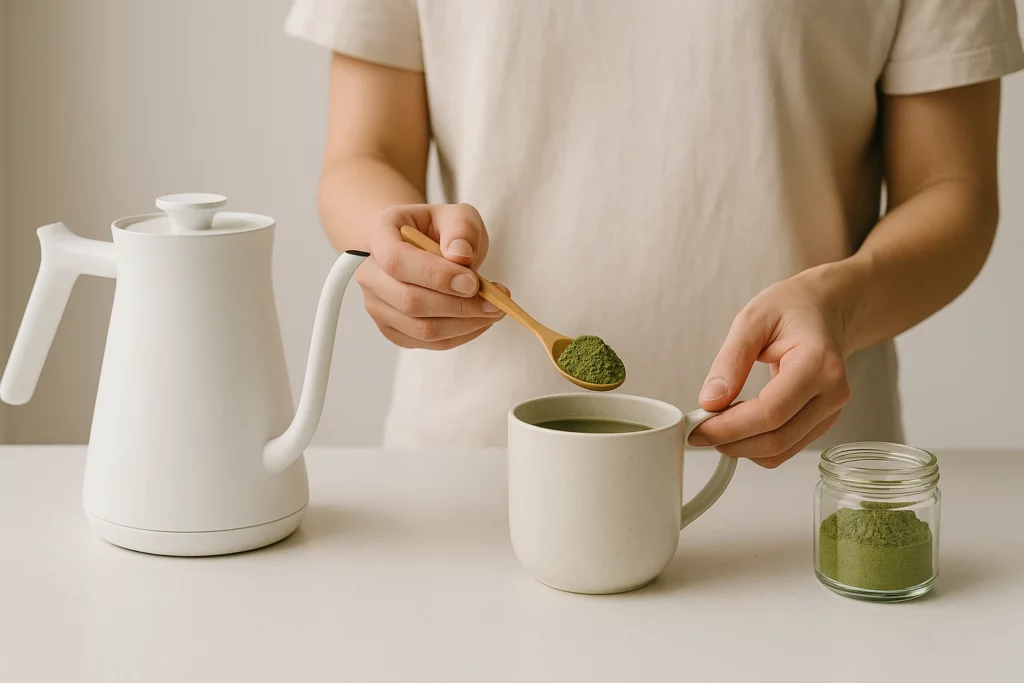 Person preparing kratom tea with a wooden spoon, white cup, and kettle on a white surface.