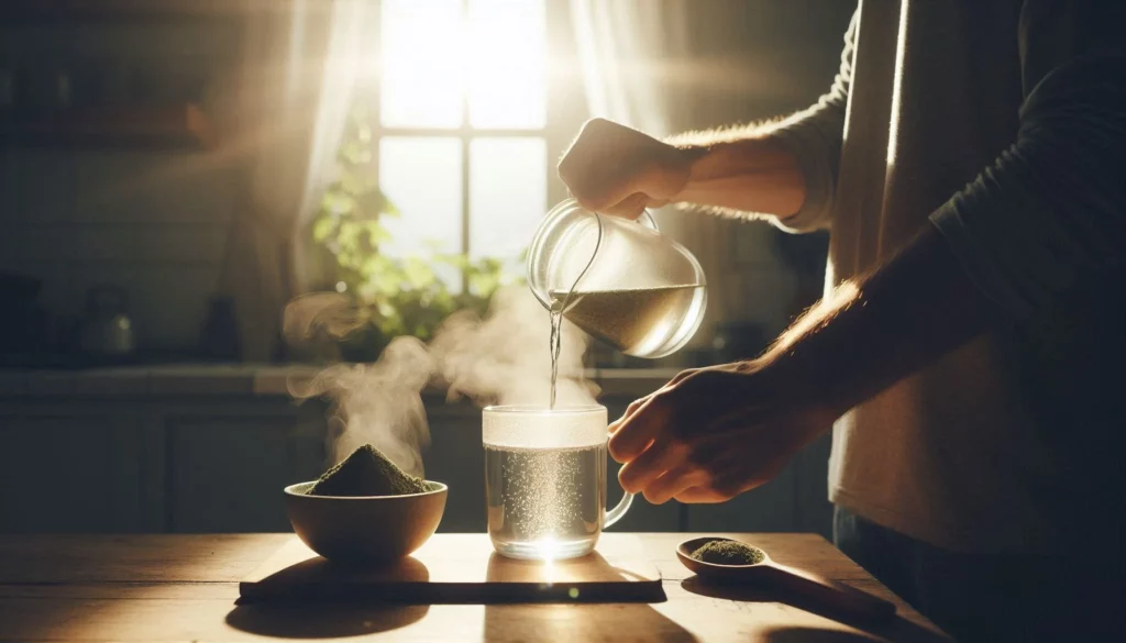 Person pouring hot water from a teapot into a glass cup for kratom tea preparation in a sunlit kitchen.