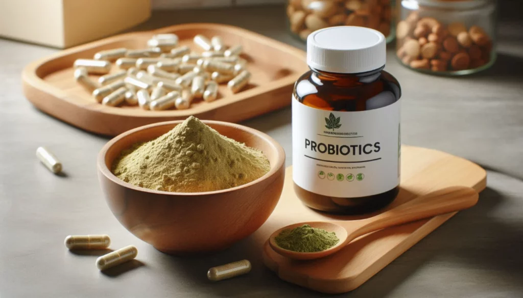 Probiotics bottle with kratom powder in wooden bowl and capsules on tray