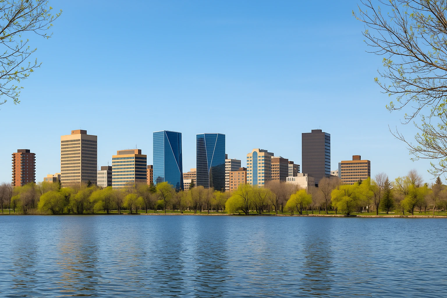Regina skyline with modern skyscrapers across a lake, framed by spring trees under a clear blue sky highlighting kratom in Saskatchewan