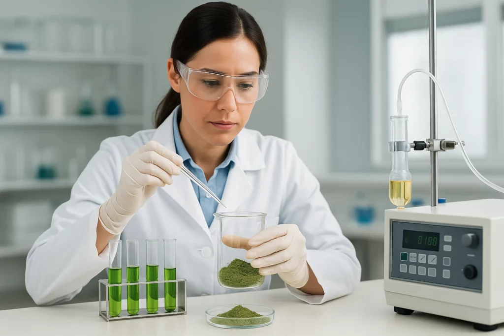 Scientist in lab coat analyzing kratom powder in a beaker