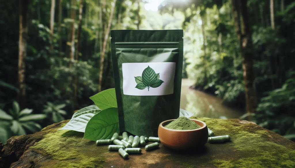 Herbal supplement package with kratom capsules and powder in the forest