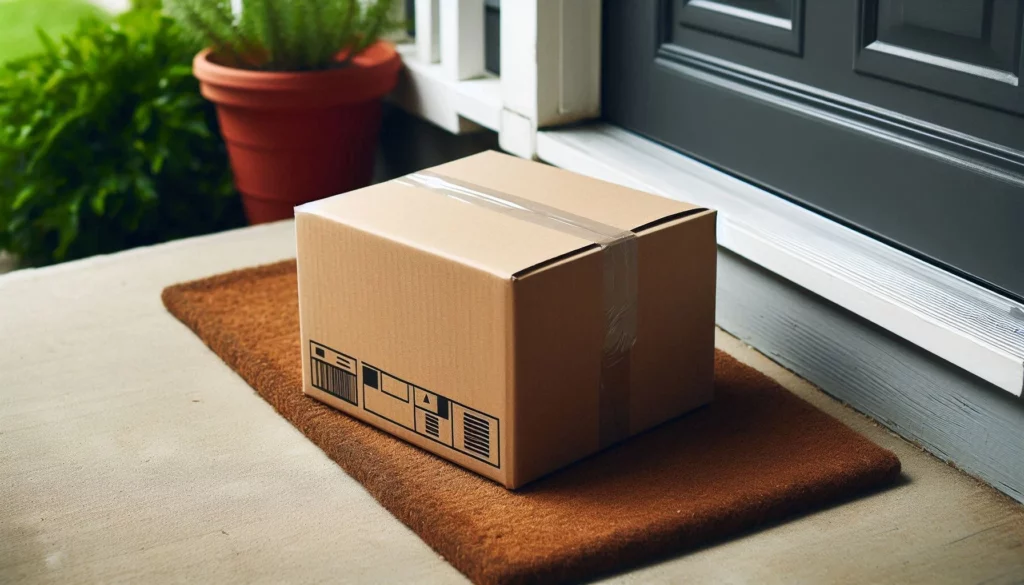 Delivered cardboard package placed on a doormat