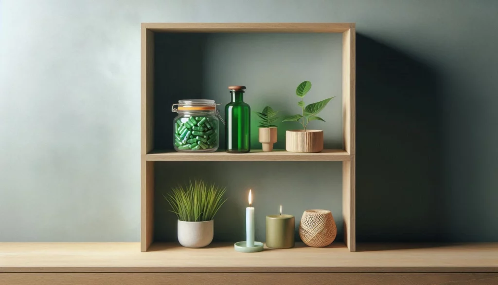 Wooden shelf displaying a jar of kratom capsules, a green bottle, potted plants, a lit candle, and a woven basket.