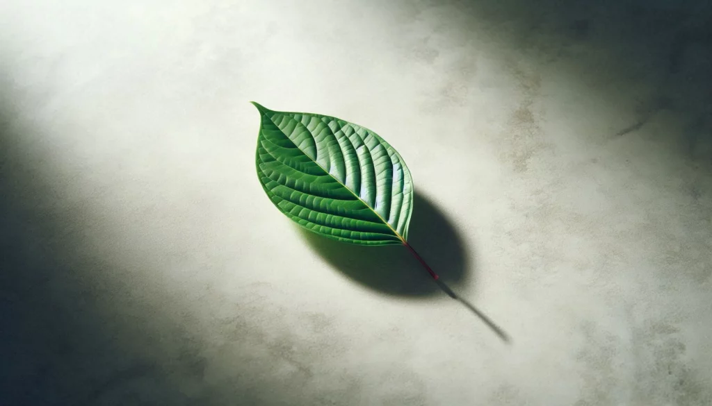 Single green kratom leaf with shadow on a textured gray surface.