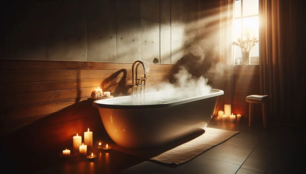 Steamy claw foot bathtub with lit candles in a sunlit bathroom