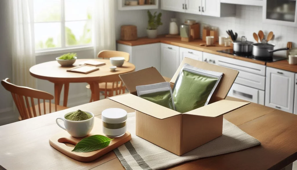 Open cardboard box with kratom powder packets on a wooden kitchen table