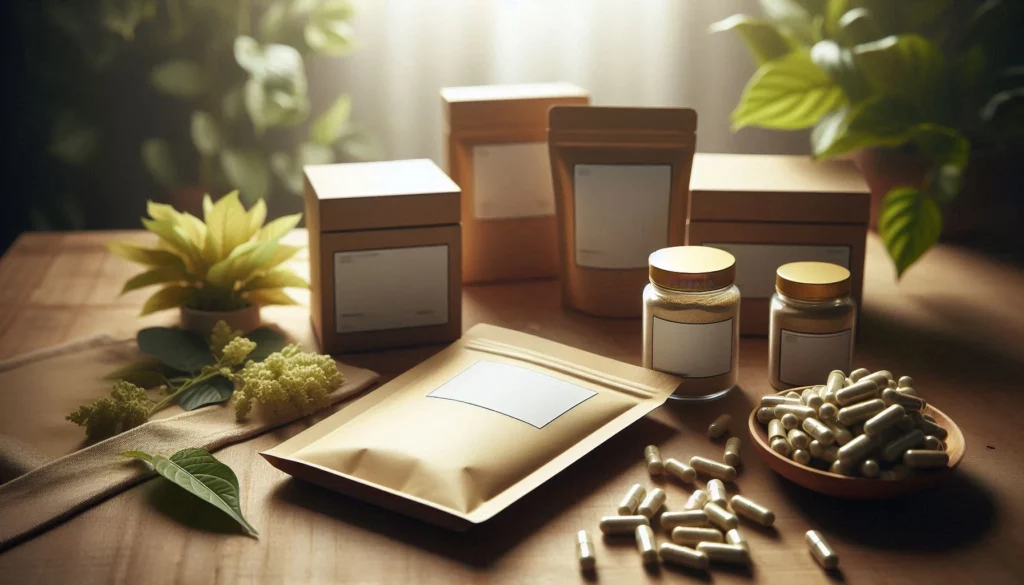 Kratom supplement packaging with capsules and jars on a wooden table