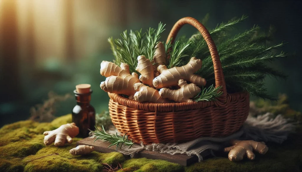 Wicker basket filled with fresh ginger roots and rosemary sprigs on a mossy surface