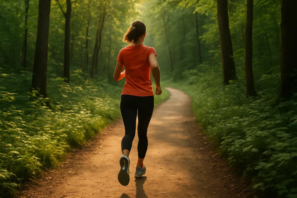 Woman in red shirt running on a forest trail during sunset.