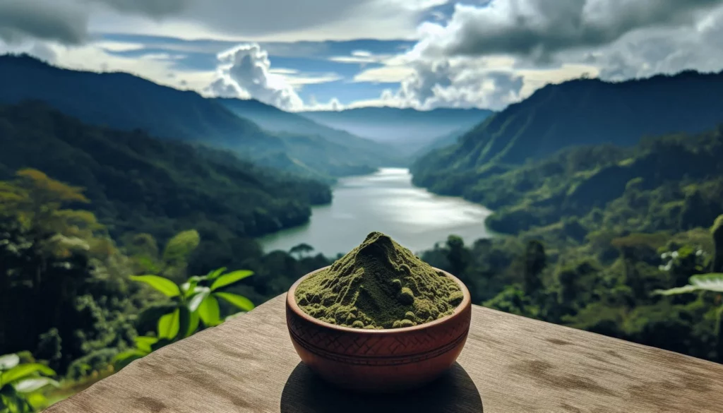 Wooden bowl of kratom powder on a table with a mountain and lake view