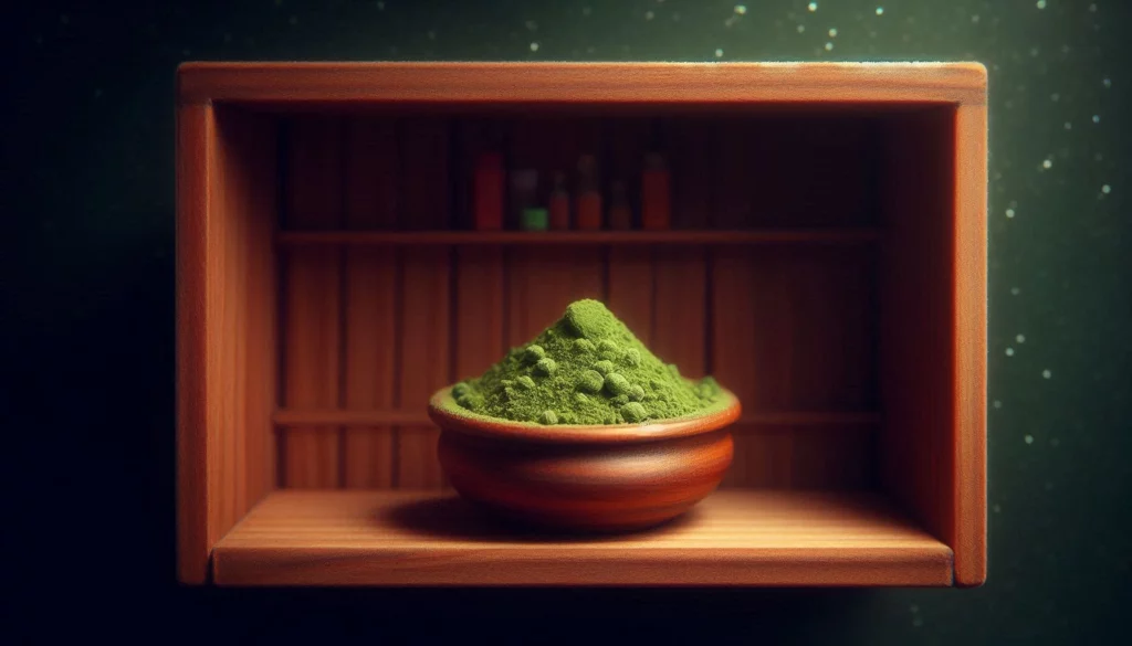 Wooden shelf with a bowl of green powder in the centre
