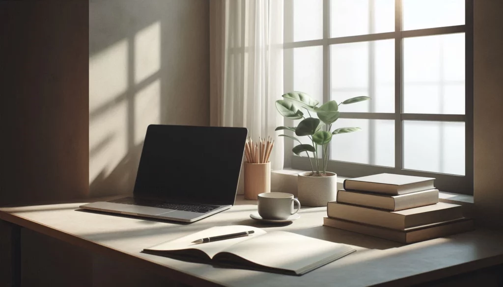 Minimalist desk with laptop, notebook, and potted plant near a window with soft light.