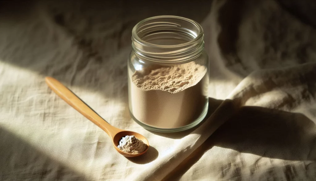 Jar of ashwagandha powder with a wooden spoon resting beside it, illuminated by soft natural light.