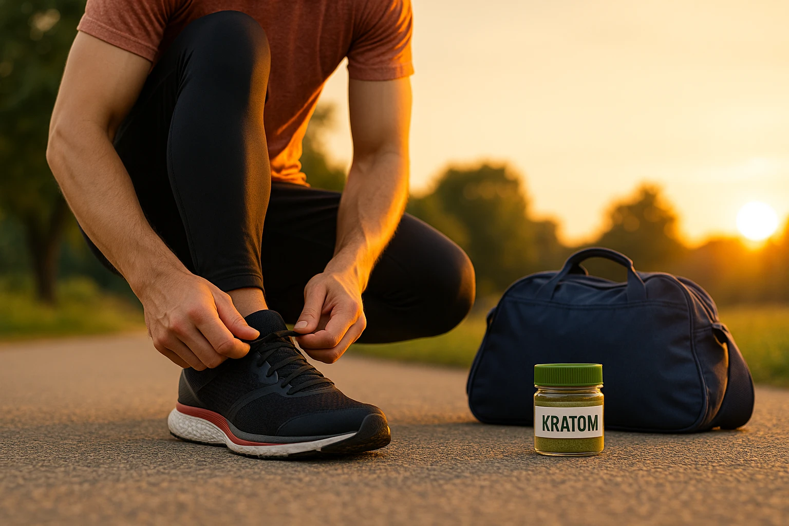 An athlete preparing to use kratom before a workout by tying his shoes beside a gym bag and jar of kratom.