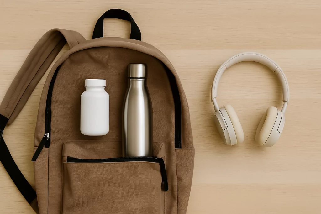 A brown backpack with a water bottle, supplement bottle, and headphones on a wooden surface.