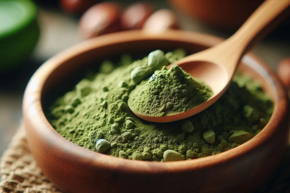 Kratom powder in a wooden bowl, accompanied by a wooden spoon, aimed at exploring the kratom ceiling effect.