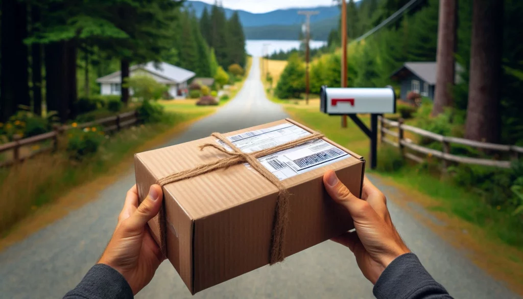 A person holding a cardboard package with string in front of a rural mailbox and scenic road