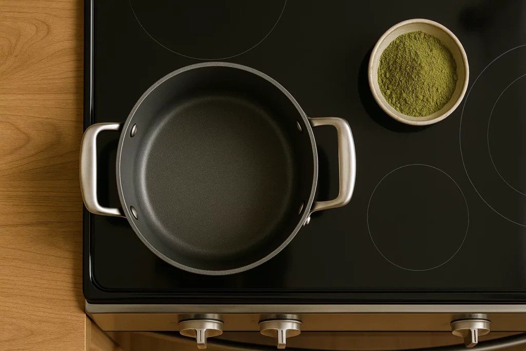 A black pot and a bowl of green powder on a stove top