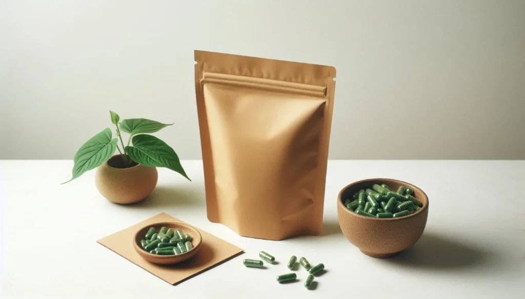 Green kratom capsules in wooden bowls with a kraft bag and potted plant on white surface