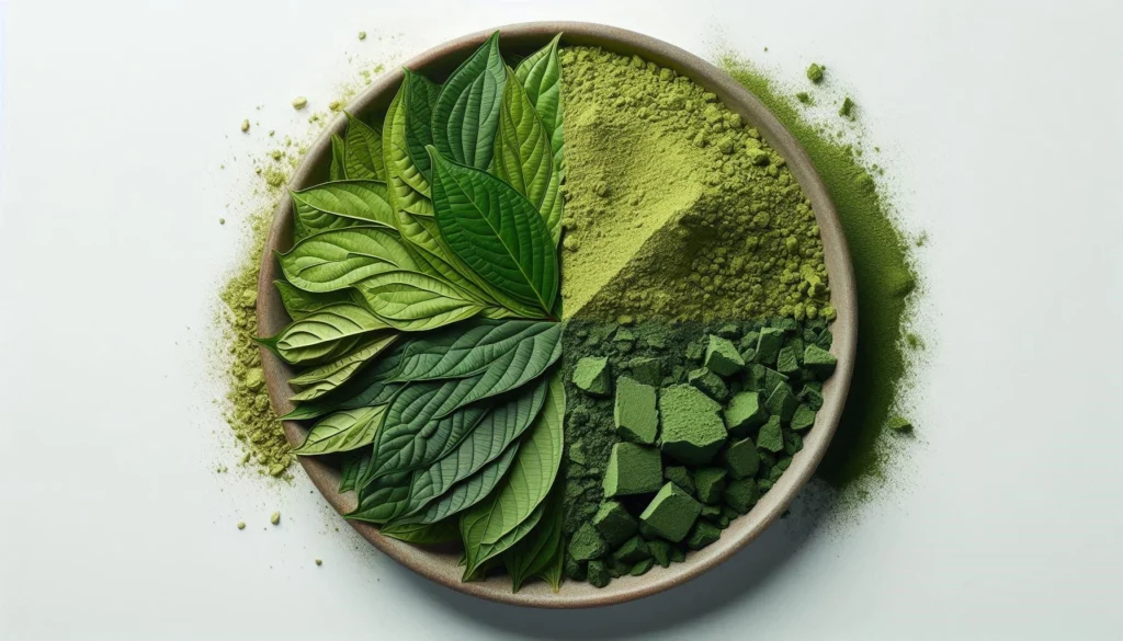 Bowl with green leaves, powder, and chunks on a white background.