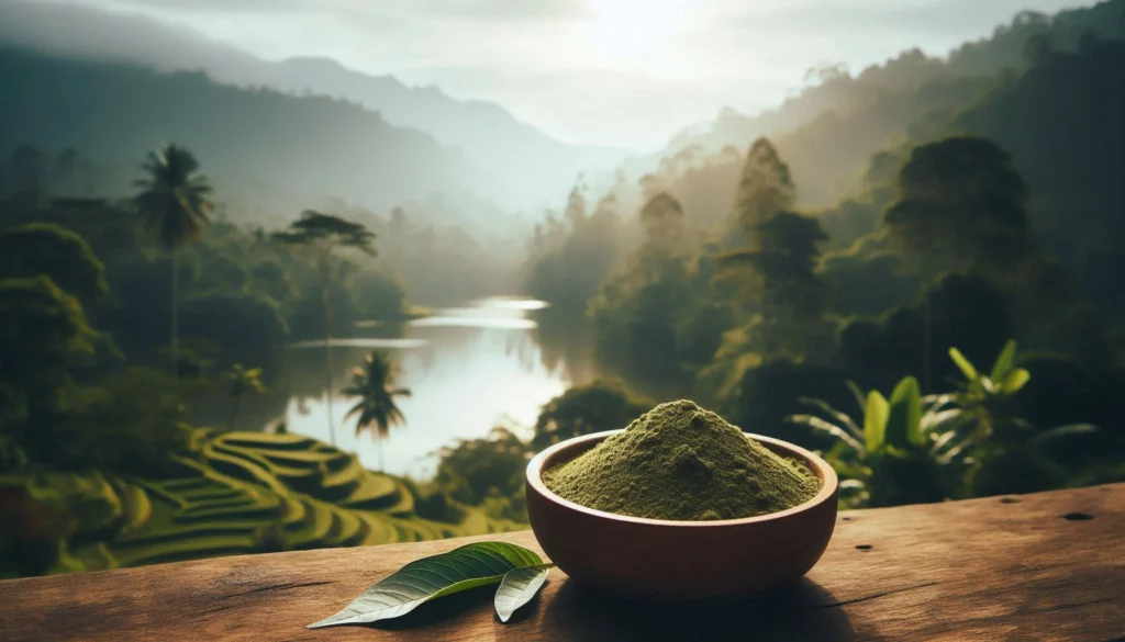 Bowl of kratom powder with leaves on a wooden surface overlooking a misty valley.