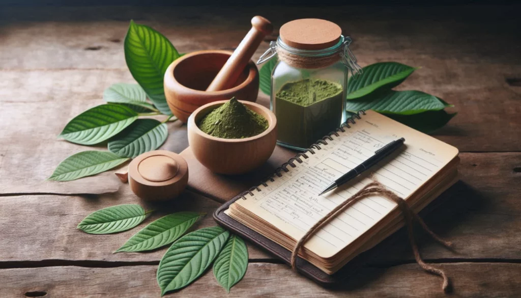 Kratom powder in wooden bowls and jar with notebook on a weathered wooden table.