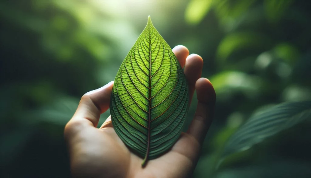 A hand holding a kratom leaf with visible veins in a blurred natural background