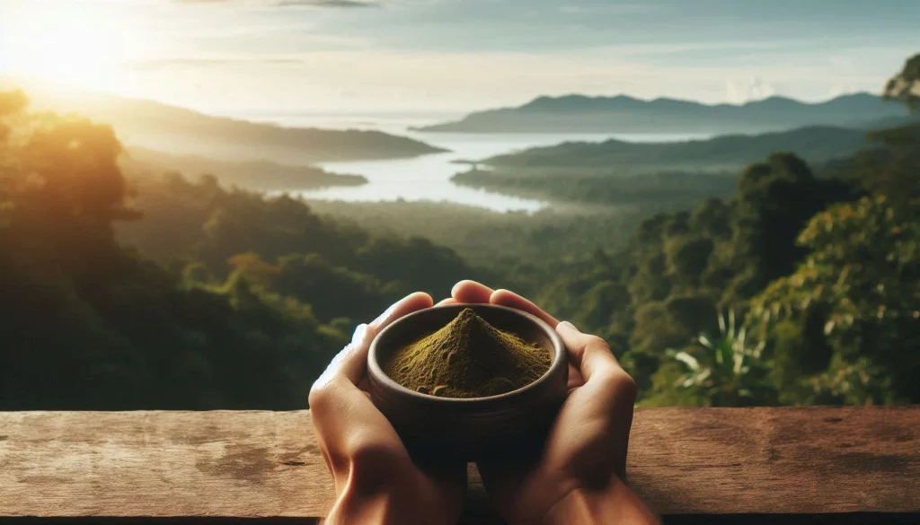 Hands holding a wooden bowl of powder with a scenic mountain and lake view in the background.